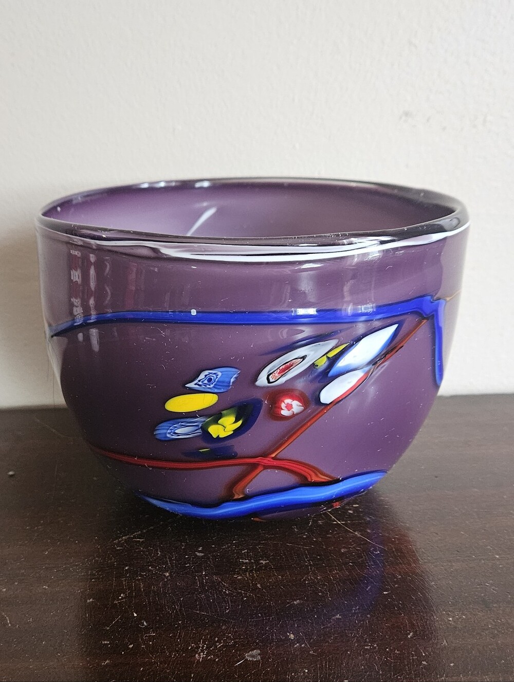 Vintage Studio Art Glass Bowl Hand Blown Murrini Cane Blue Trail 6.25"
